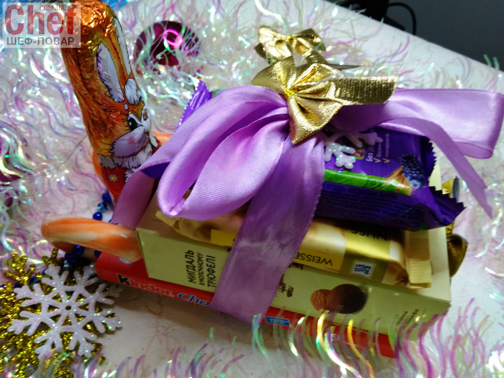 Еще одна идея красивой упаковки шоколада или коробочки конфет на Новый год
